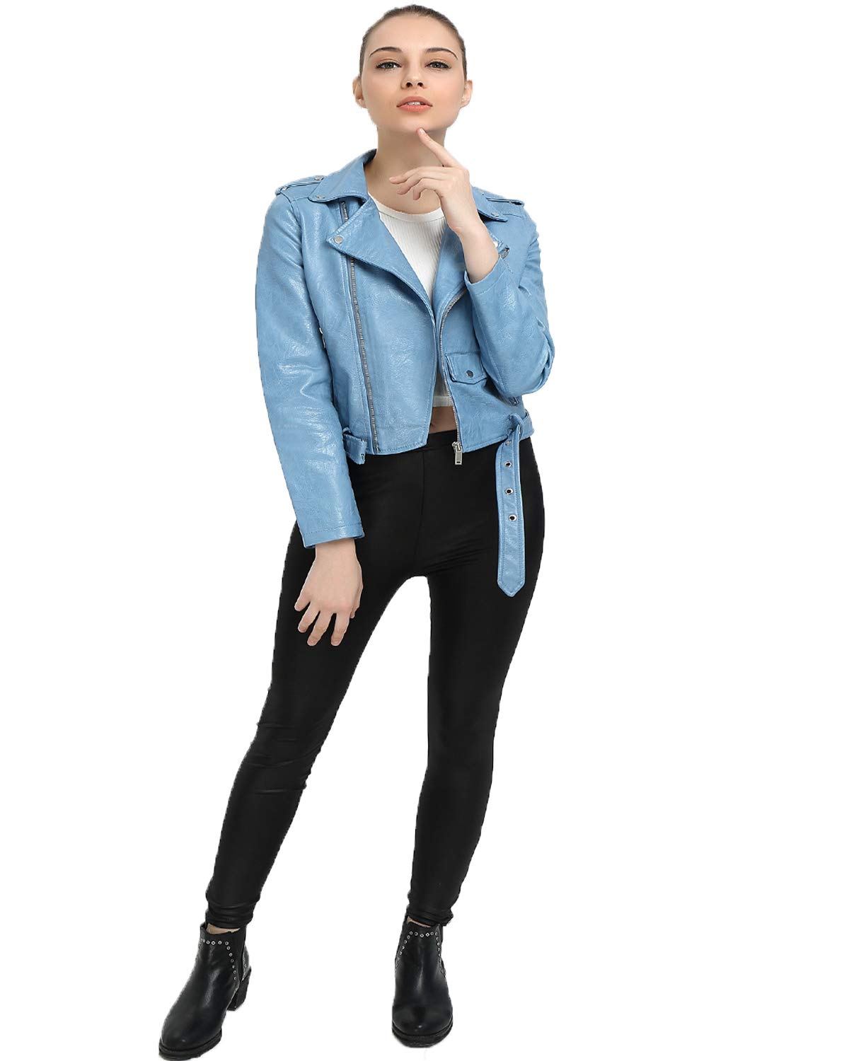LY VAREY LIN Women's Faux Leather Motorcycle Jacket PU Slim Short Biker Coat (M, Blue)