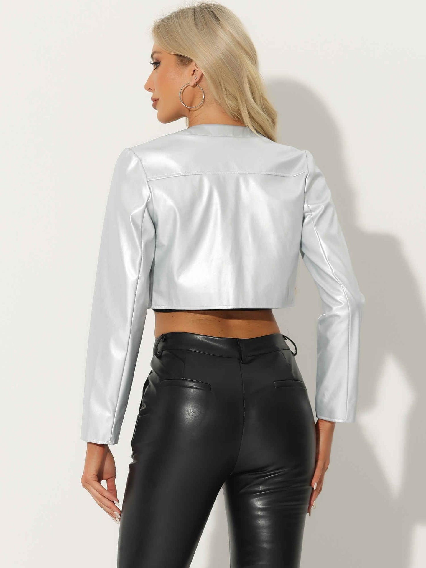 Allegra K Faux Leather Jacket for Women's Open Front Long Sleeve PU Cropped Leather Jacket Coat Small Silver