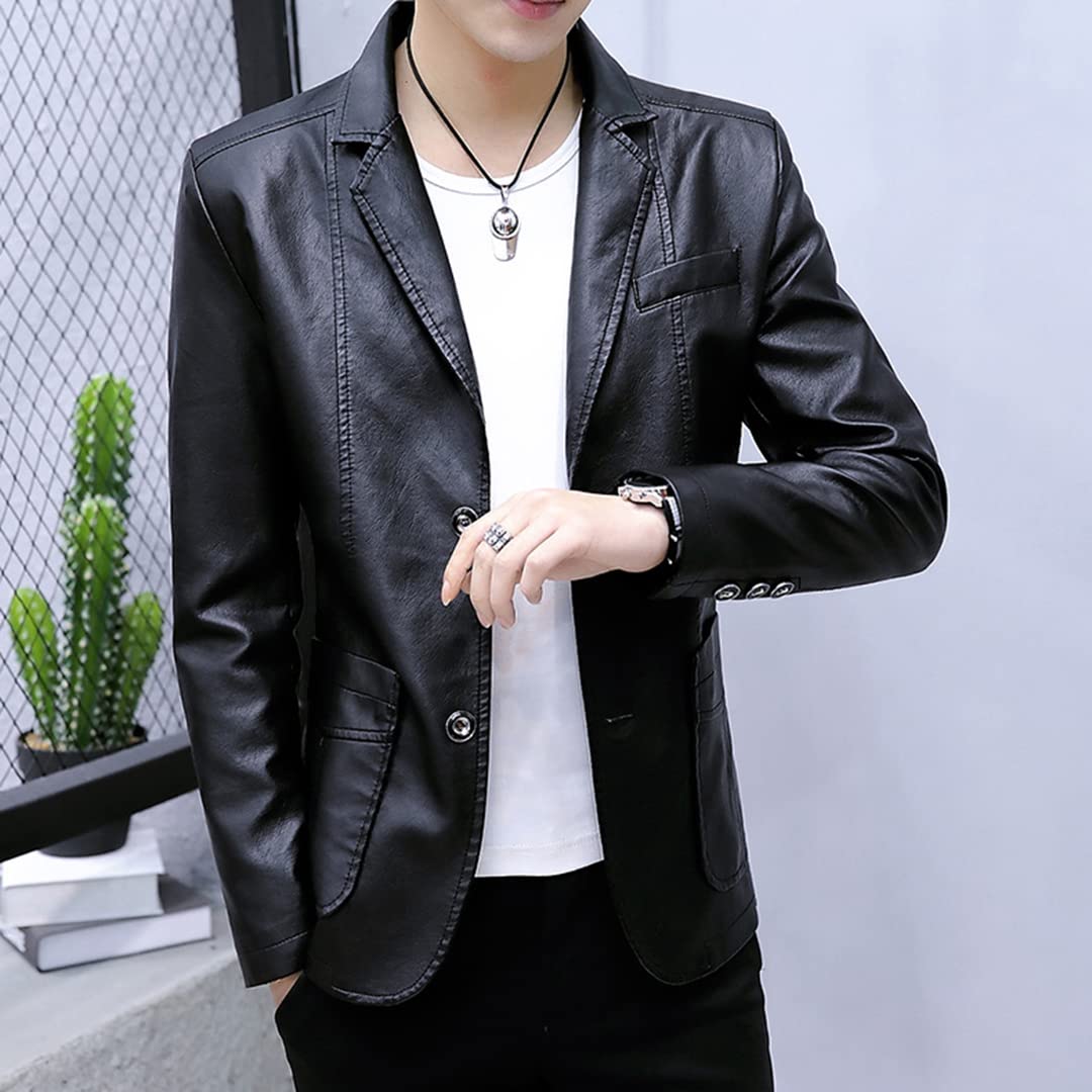 Rayiisuy Mens PU Leather Blazer Men's Casual Single Button Suit Coat Slim Fit Lapel Black Jackets For Men Stylish Faux Leather Outwear (Black, L),Large(XY-903)