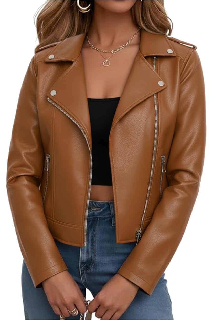 Ommiivex Women Faux Jacket Leather Cropped Bomber Coat Fall Winter 2026 Spring Outfit lady Fashion Pleather Clothes Fake Suede Cute Zip Casual Short Vintage Favorites Going Out Bronw Tan