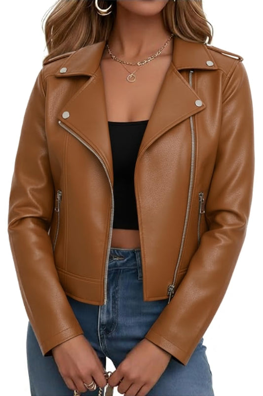 Ommiivex Women Faux Jacket Leather Cropped Bomber Coat Fall Winter 2026 Spring Outfit lady Fashion Pleather Clothes Fake Suede Cute Zip Casual Short Vintage Favorites Going Out Bronw Tan