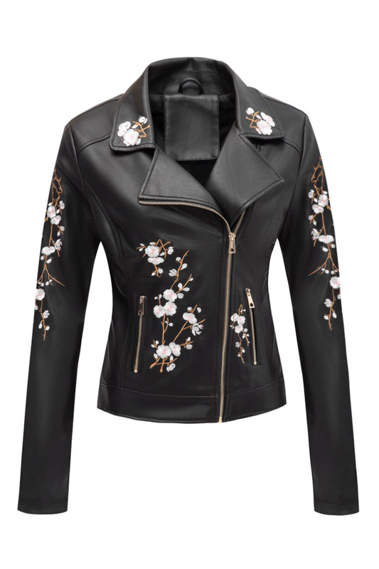Bellivera Women's Faux Leather Embroidered Casual Lapel Jacket Floral Lightweight Moto Biker Coat for Spring Fall 1702021 Black M
