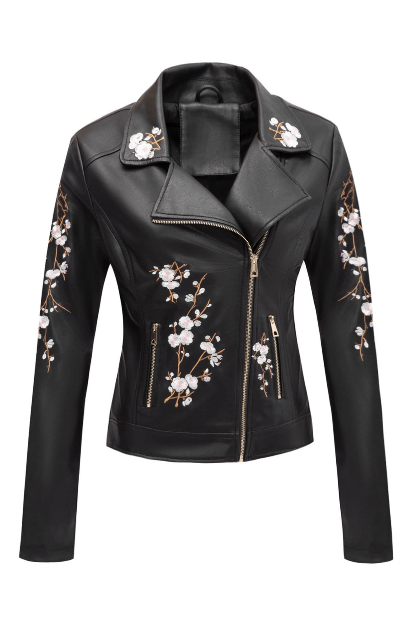 Bellivera Women's Faux Leather Embroidered Casual Lapel Jacket Floral Lightweight Moto Biker Coat for Spring Fall 1702021 Black XXL