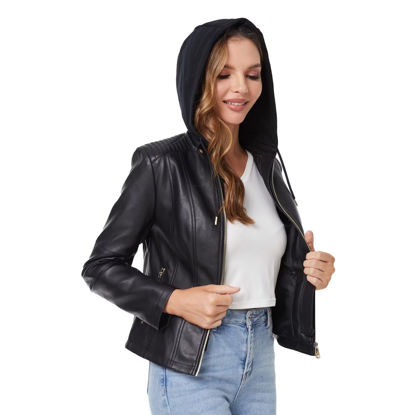 DIASHINY Faux Leather Jacket For Women Removable Hooded Moto Biker Coat Black M