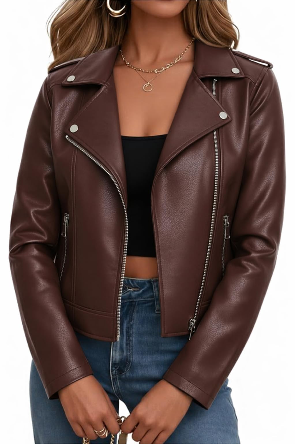 Women Faux Jacket Leather Cropped Bomber Coat Fall 2026 Spring Outfit lady Fashion Clothes Fake Suede Sherpa Motorcycle Biker Moto Racer Aviator Long Lady Thin Blazer Oversized Plus Size Brown