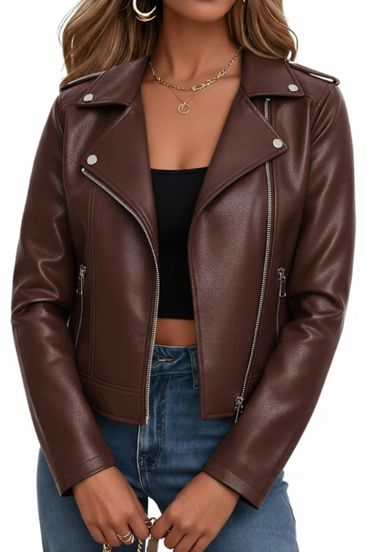 Women Faux Jacket Leather Cropped Bomber Coat Fall 2026 Spring Outfit lady Fashion Clothes Fake Suede Sherpa Motorcycle Biker Moto Racer Aviator Long Lady Thin Blazer Oversized Plus Size Brown