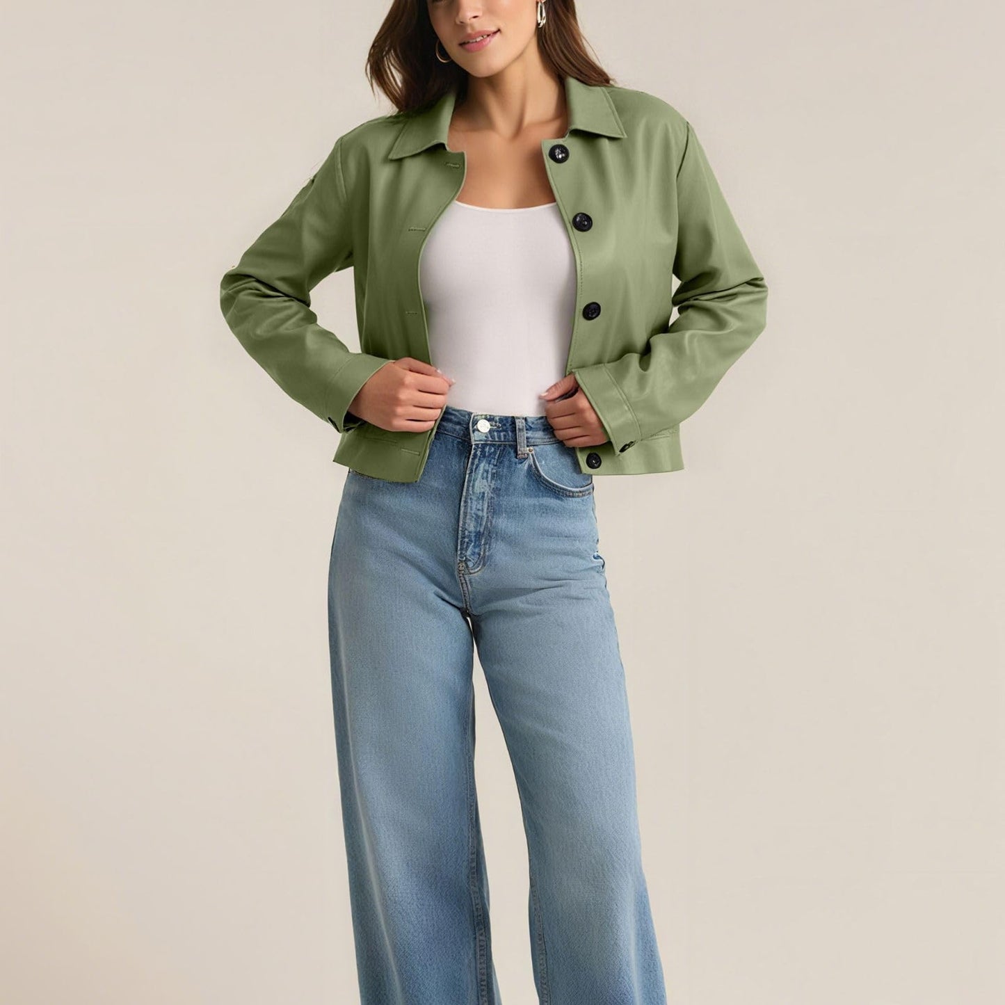 Muzly Women's Faux Leather Cropped Jackets Casual Lightweight Fall Fashion 2025 Winter Coats Outerwear Trendy Clothes(Green,XL)