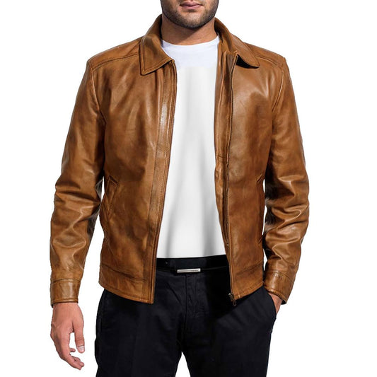 Mens Leather Jacket - Real Lambskin Classic Vintage Style Leather Jackets For Men Brown Leather Jacket for Mens (US, Alpha, Medium, Regular, Regular, Camel)
