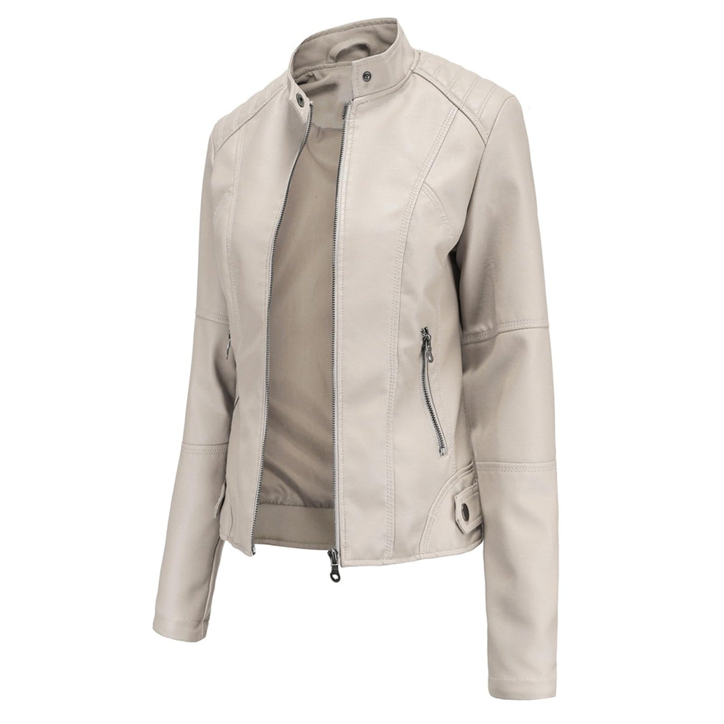 DEAR MODEL Faux Leather Jacket Women Bomber Jacket Women's Belted Motorcycle Jacket,Cream,M