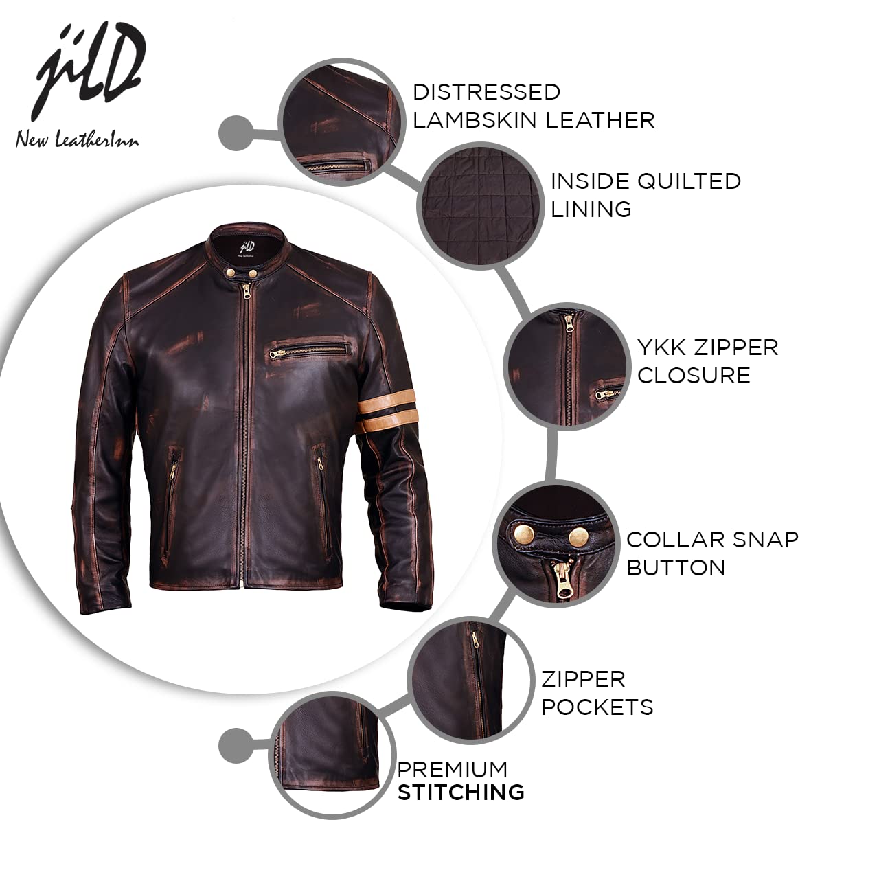Jild Distressed Café Racer Brown Leather Jacket Men - Genuine Lambskin Leather Biker Style Mens Vintage Motorcycle Jacket (YP-Brn-M)