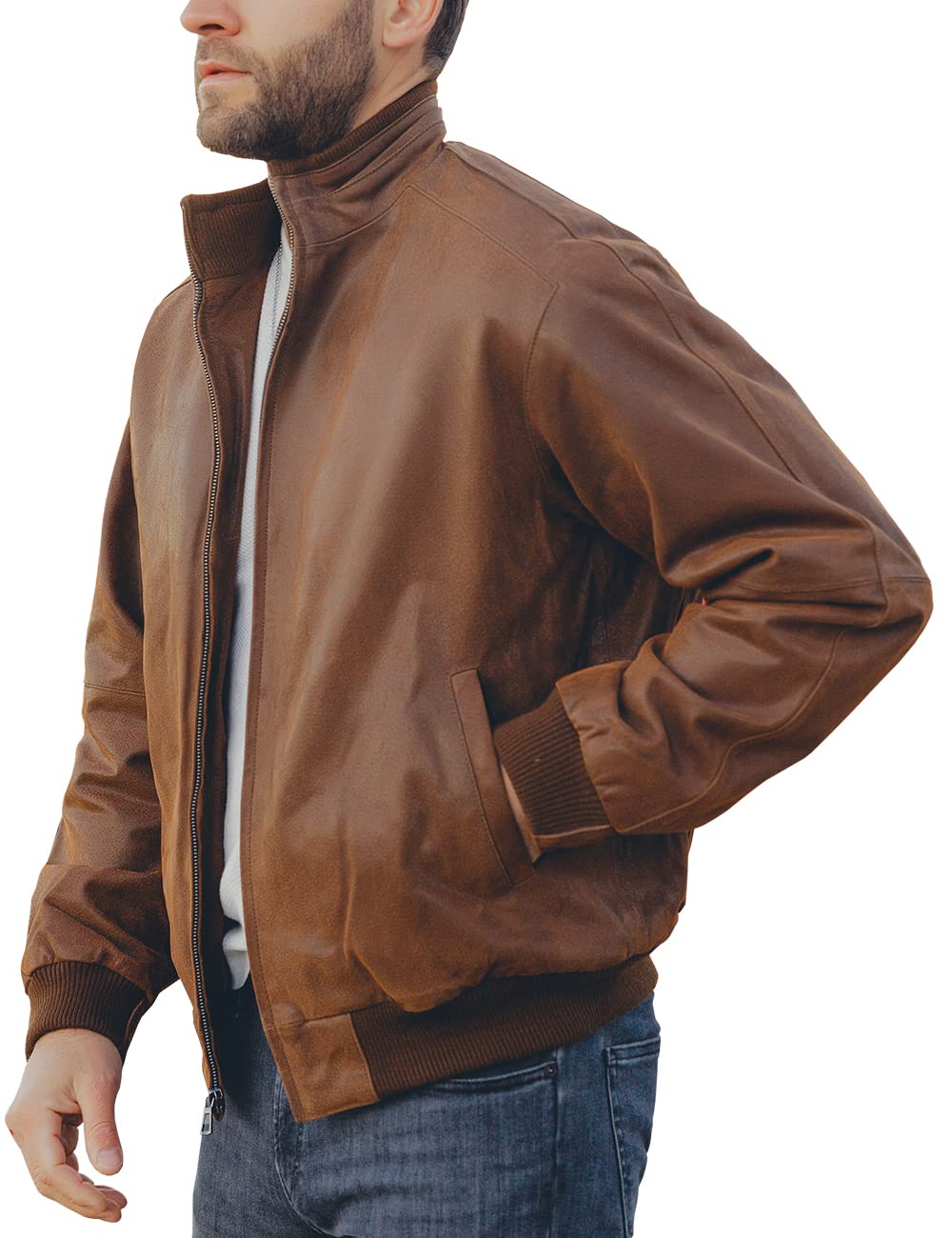 FLAVOR Men's Moto Real Leather Classic Jacket with Stand Collar (Brown, x_l)