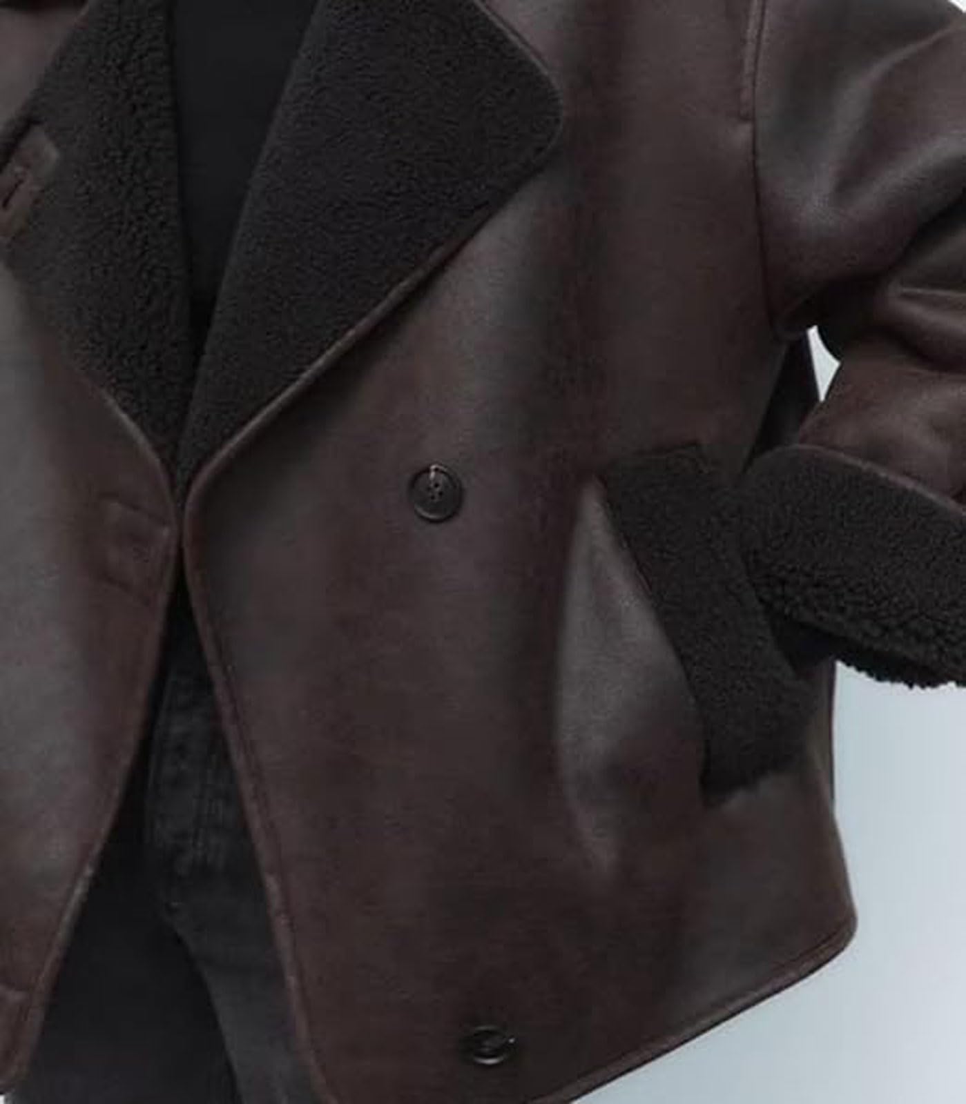 loveimgs Women Thicken Sherpa Lined Faux Suede Jacket Oversized Leather Coat Shearling Fleece Moto Jacket Biker Winter Overcoat (Medium, Brown)
