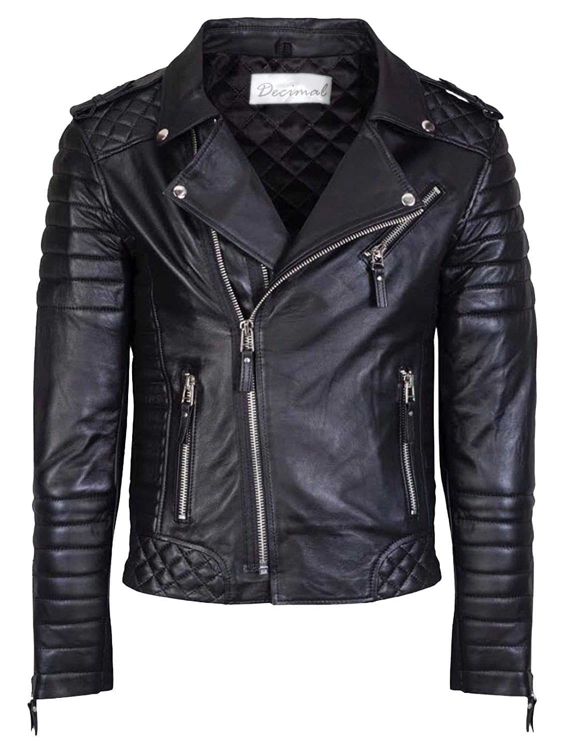 DECIMAL Men's Black REAL Lambskin Leather Biker Jacket VINTAGE GENUINE MOTORCYCLE JACKETS FOR MEN (US, Alpha, Medium, Regular, Regular, C BLACK)