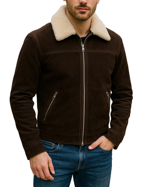 Mens Rick Grimes Walking Season 5 Faux Fur Shearling Collar Brown Suede Leather Biker Jacket, X-Large