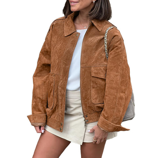chouyatou Women Vintage Faux Suede Jacket Zip Up Bomber Jacket Lapel Collar Cropped Biker Moto Jacket Coat (X-Large,Brown)
