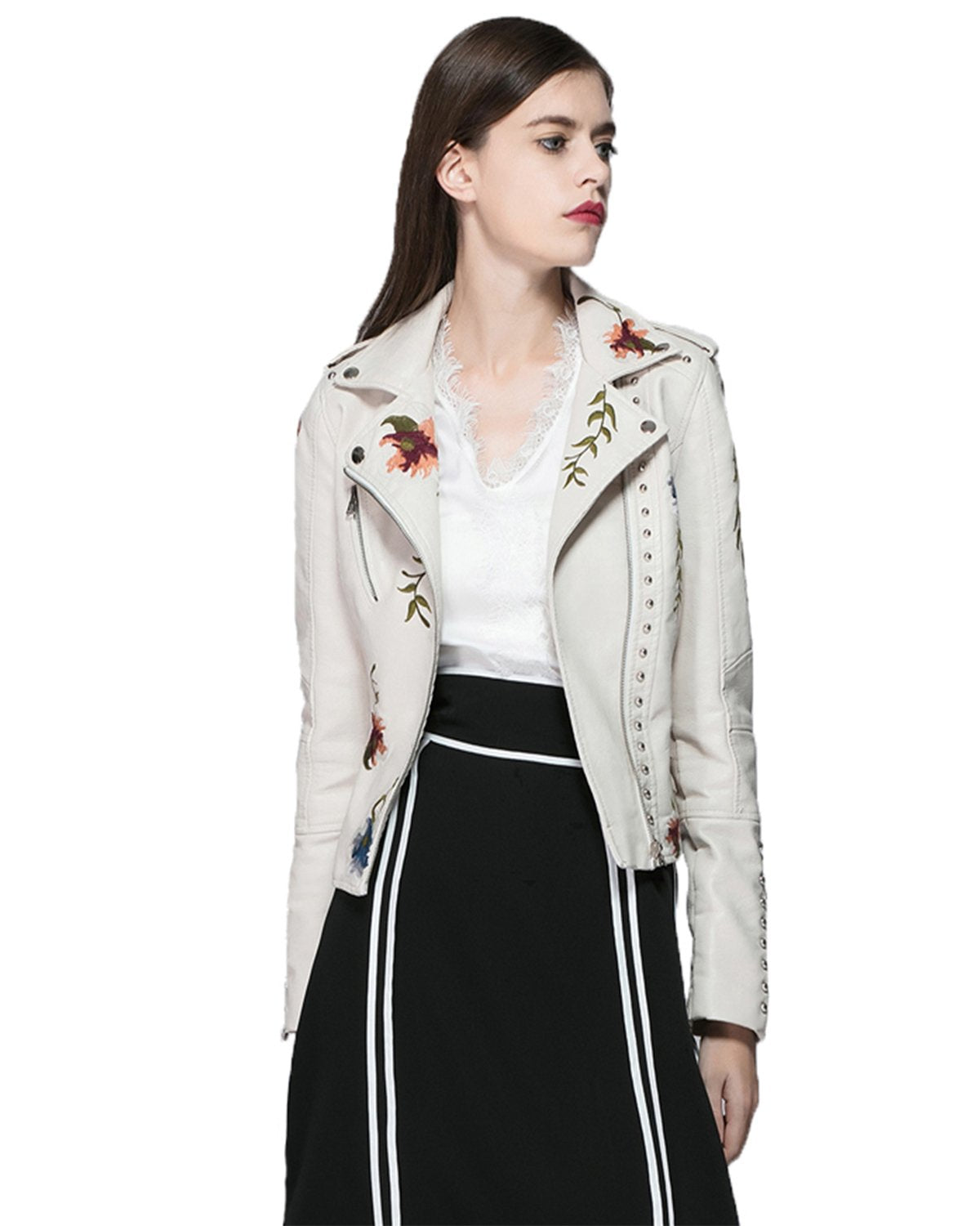 LY VAREY LIN Women's Floral Embroidered Faux Leather Moto PU Jacket Coat (L, Beige)
