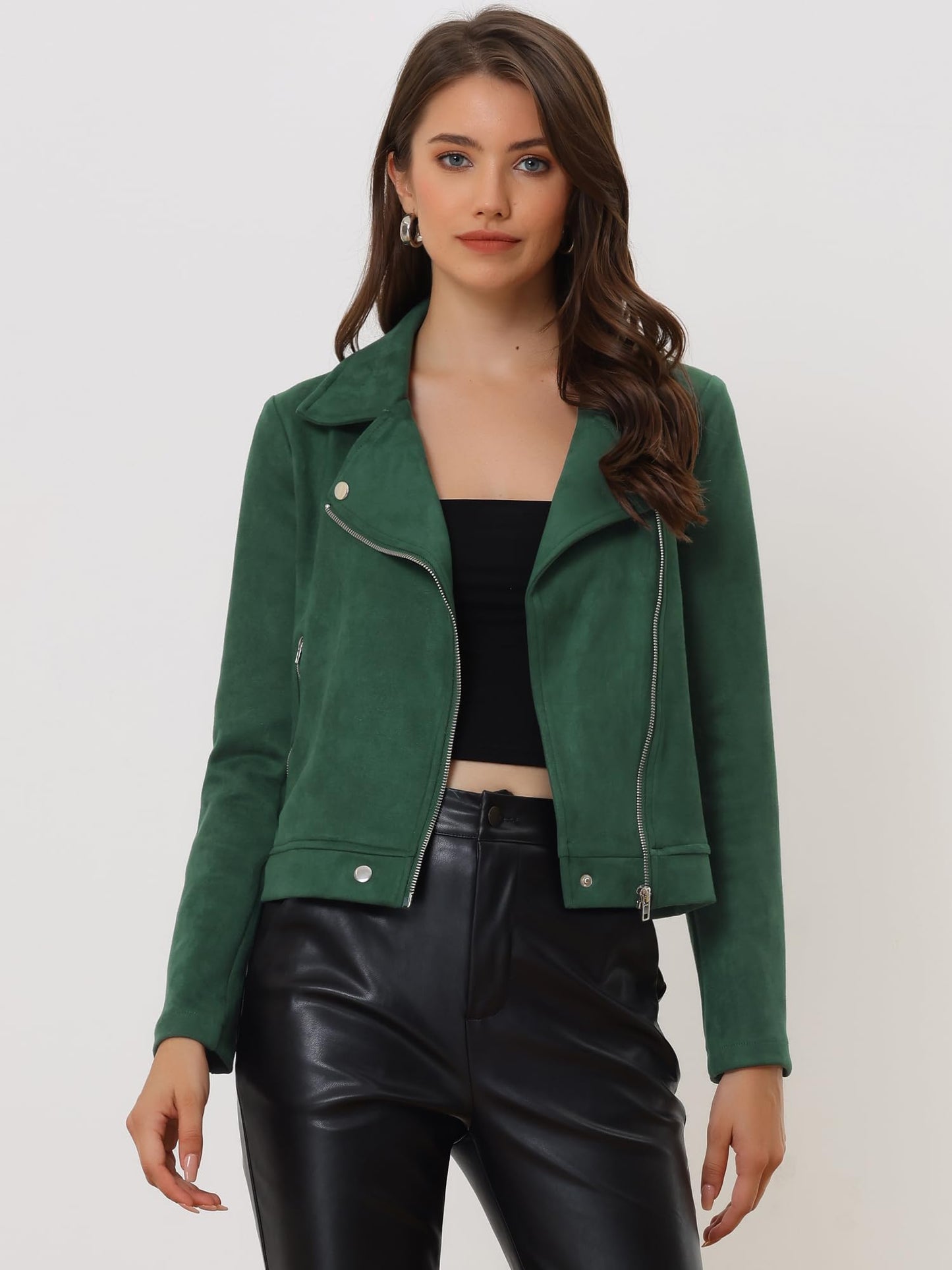 Allegra K Women Short Soft Zip Up Faux Suede Biker Moto Jacket Small Dark Green