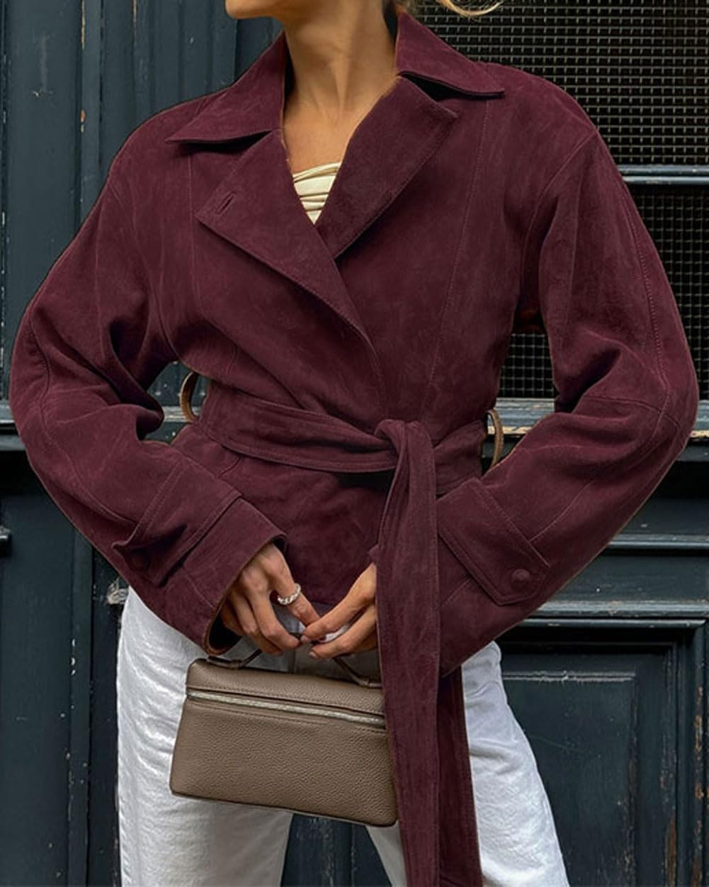 CHARTOU Faux Suede Leather Jacket 2025 Vintage Casual Cropped Wrap Coat with Belt (Large,Burgundy)