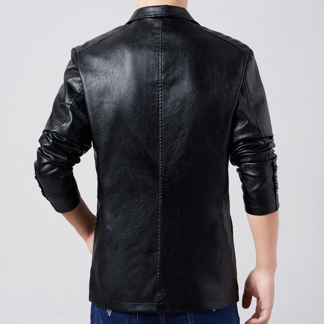 Rayiisuy Mens PU Leather Blazer Men's Casual Single Button Suit Coat Slim Fit Lapel Black Jackets For Men Stylish Faux Leather Outwear (Black, L),Large(XY-903)