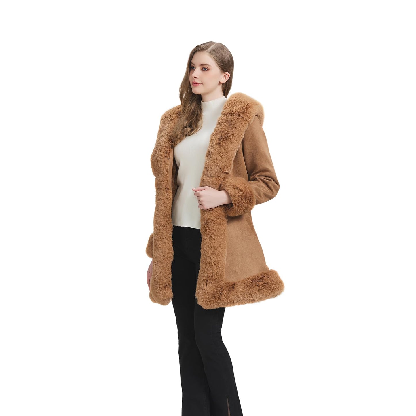 GRAN ORIENTE Beige Suede Jacket for Women with Faux Fur Collar,Long Sleeve Warm Winter Parka Coat with Belt Outerwear(056 Beige M)