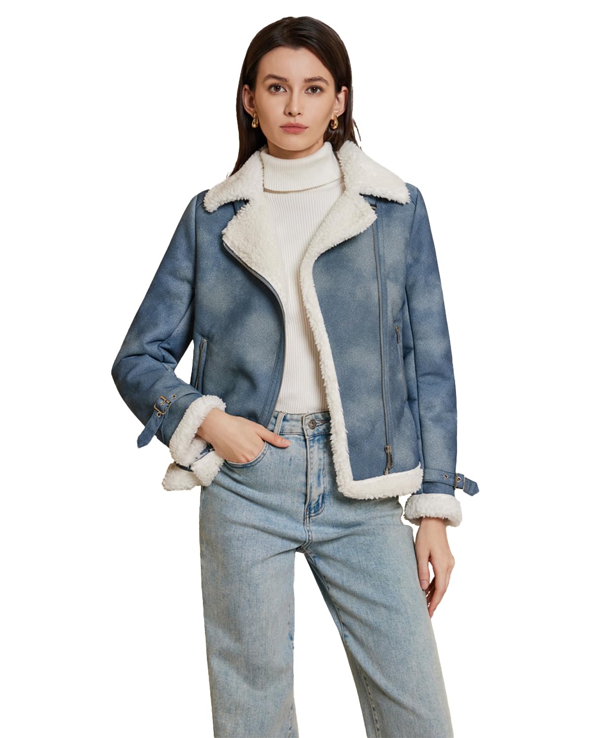 DIASHINY Women's Faux Shearing Fur Lined Jacket Faux Leather Moto Sherpa Coat Denim Blue M