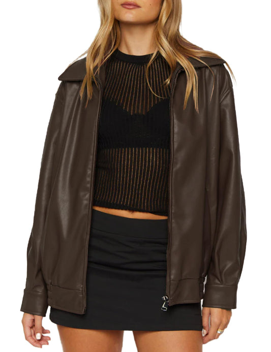 ZEXIGLAD Oversized Leather Jacket Women Faux Suede Motorcycle Bomber Fall Jackets 2025 Winter Coats Outfits Clothes with Pocket Dark Coffee S