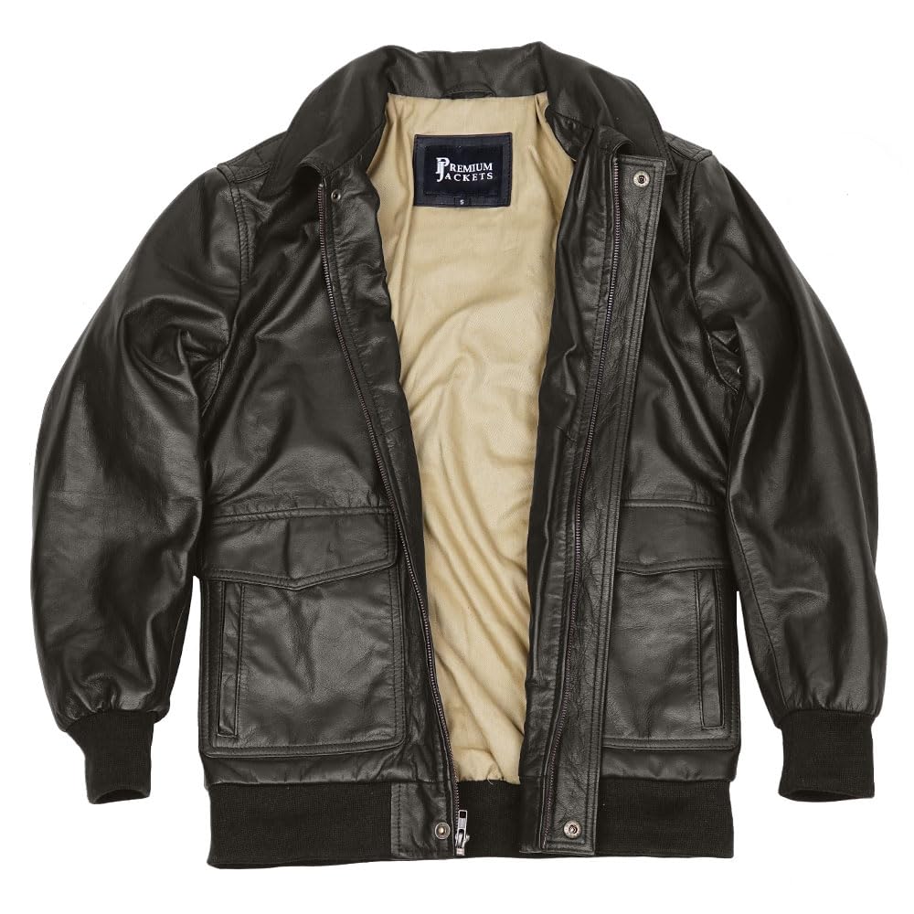 Men's Classic A2 Aviator WWII Flying Tiger Leather Jacket - Pilot Bomber Leather Jacket With Shirt Collar For Men (US, Alpha, Large, Regular, Regular, Dark Brown)