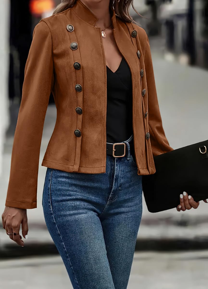 chouyatou Women's Faux Suede Leather Jacket 2025 Fall Winter Clothes Casual Business Long Sleeve Blazer Jacket Coat (Small, Brown)