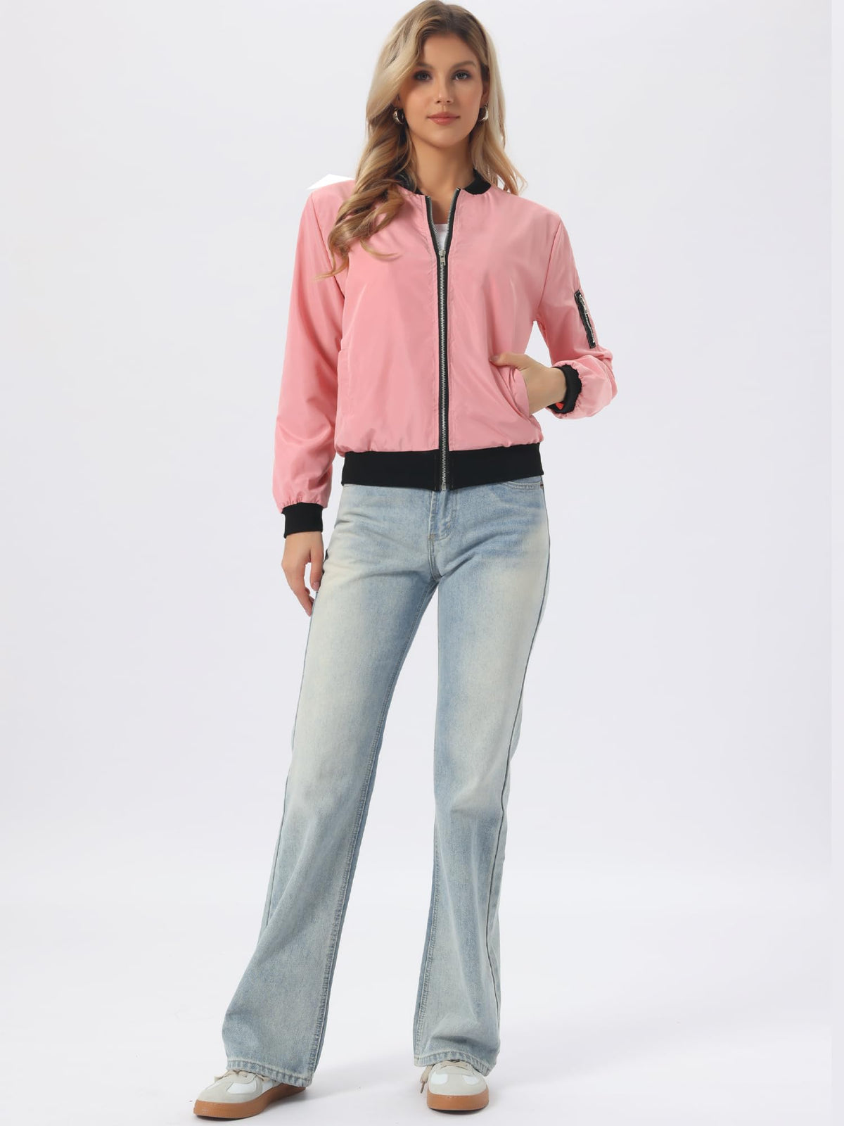 Allegra K Women Casual Lightweight Zip Up Windbreaker Bomber Jacket
