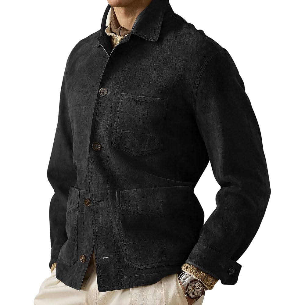 Suede Leather Jacket Men – Real Lambskin Suede Casual Leather Jackets For Men - Mens Suede Jacket (US, Alpha, Large, Regular, Regular, Black)