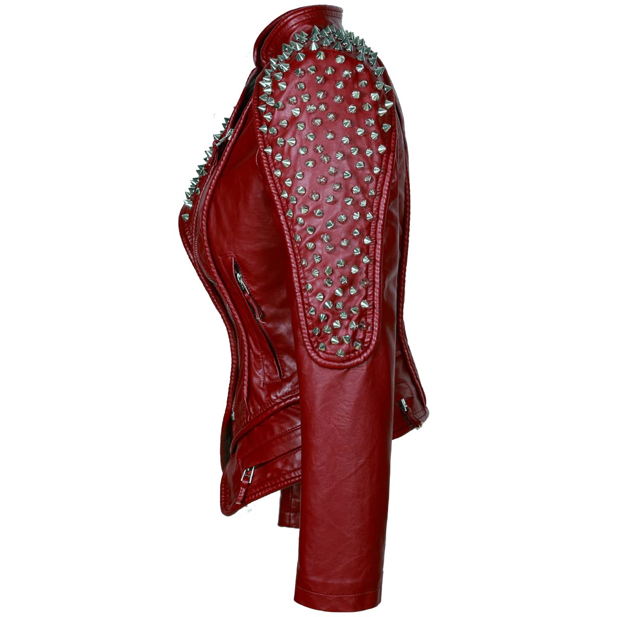 SX New Punk Rivet faux leather PU Jacket Women fashion Biker Jacket Black Slim Fit Streetwear Coat （S.Wine）