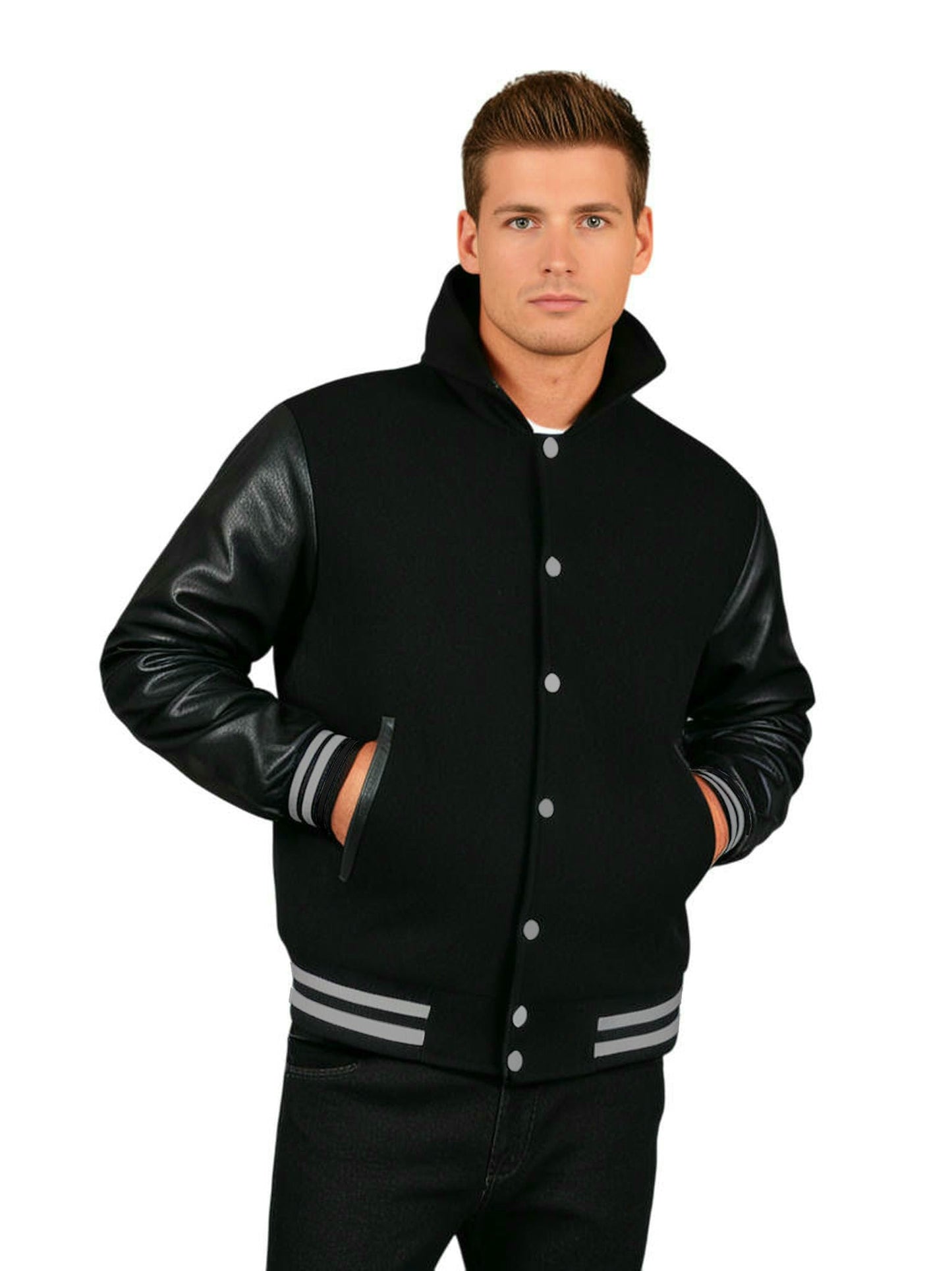 Deckra Men's Varsity Jacket Genuine Leather Sleeve and, All Black(Hoodie), Size Medium