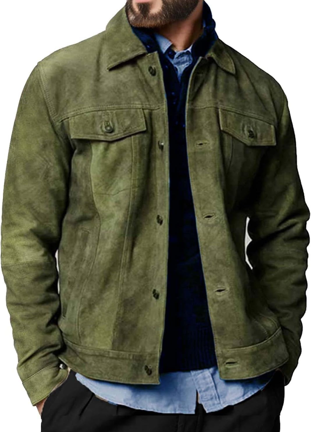 Men's Suede Leather Jacket Real Lambskin Suede Casual Leather Jackets For Men Suede Trucker Coat for Mens (US, Alpha, Large, Regular, Regular, Olive)