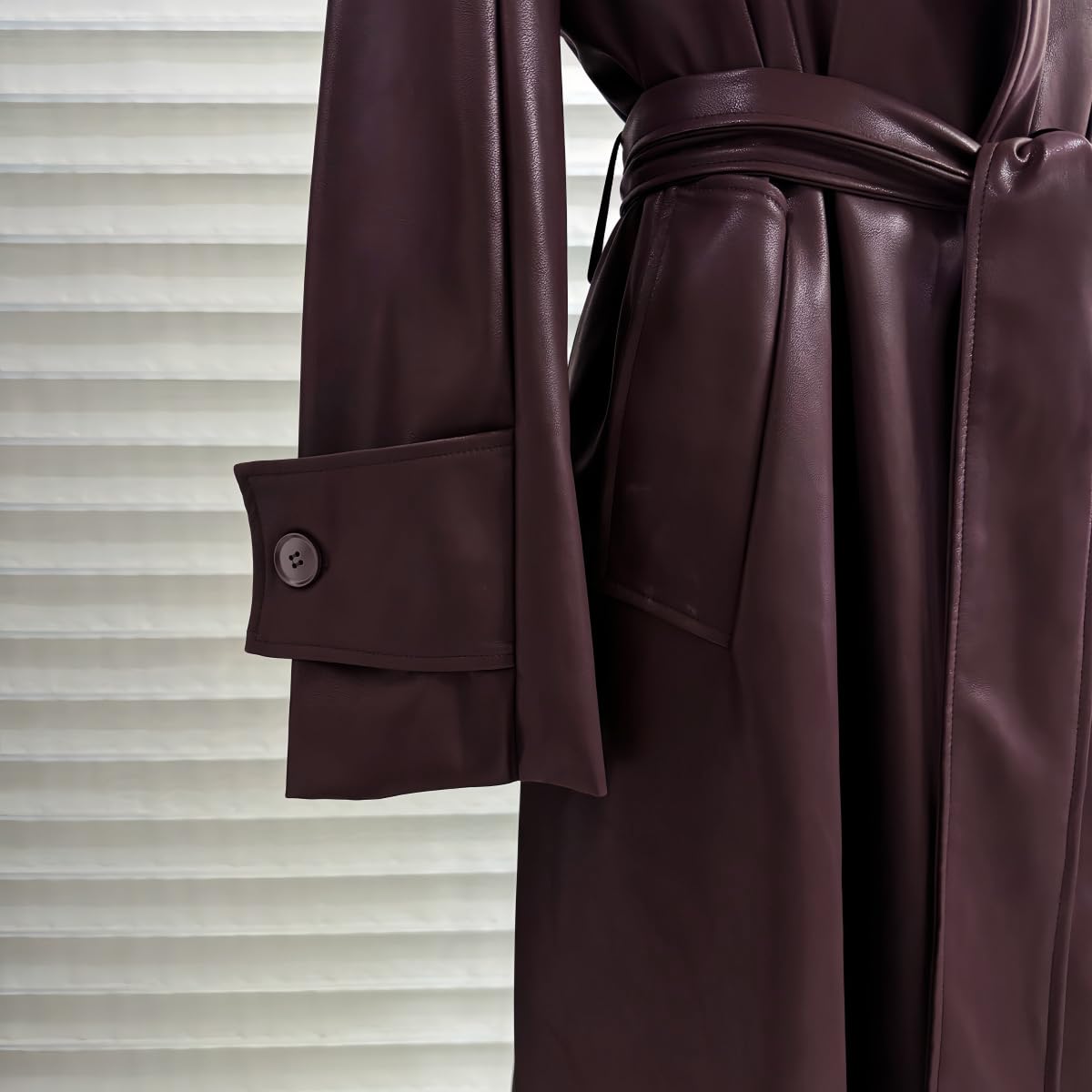 utcoco Womens Faux Leather Classic Lapel Trench Coat Long Leather Blazer Jackets Open Front with Belt (Small, Wine)