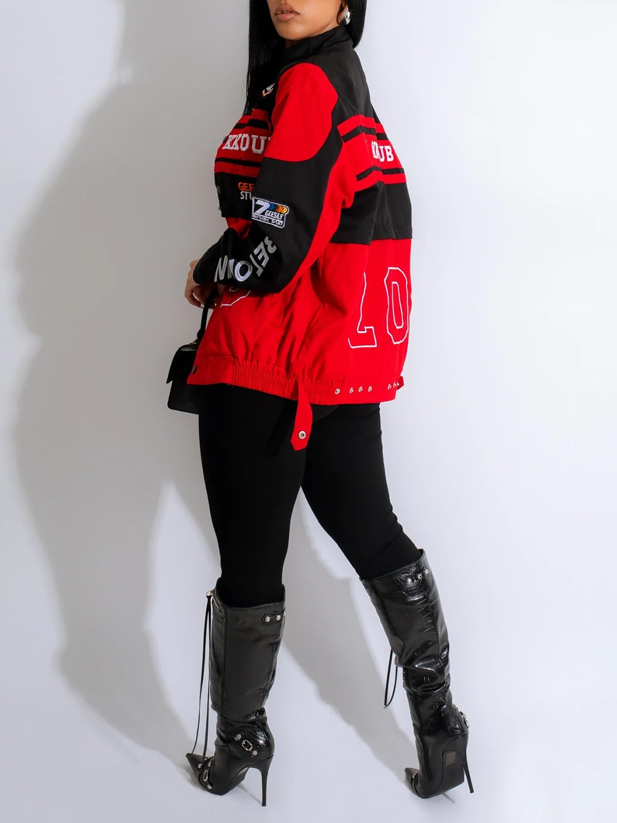 Angsuttc Varsity Jacket Women Motorcycle Race Car Marathon Jackets Casual Vintage Letterman Baseball Coats Red M