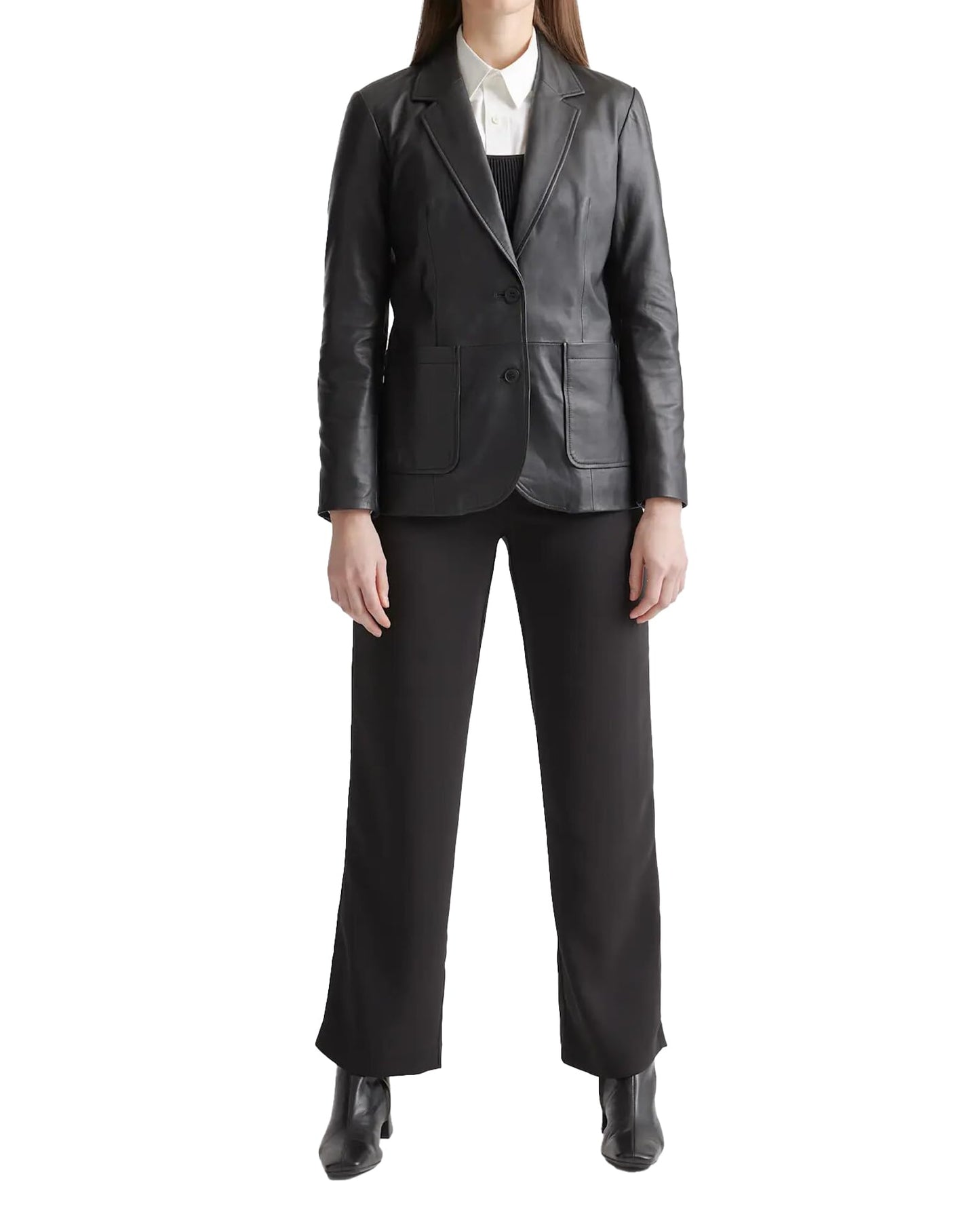 IZAC & DAUD Lambskin Leather Blazer for Women - Casual Coat Long Sleeves Suit Style Leather Jacket Women (US, Alpha, X-Large, Regular, Regular, Black)