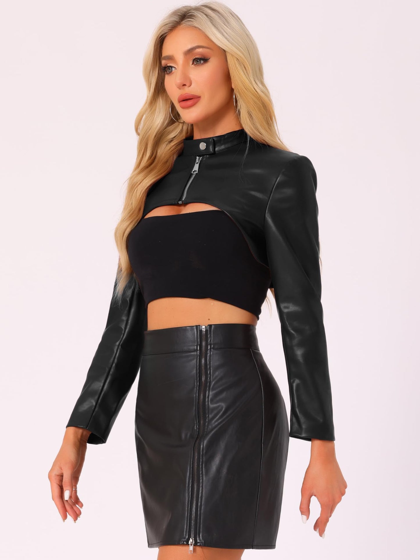 Allegra K Women's Faux Leather Cropped Top Stand Collar Zipper Front Moto Biker Long Sleeve Jacket Coat Medium Black