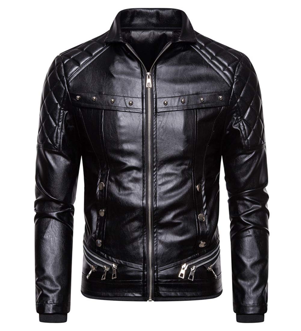 chouyatou Men's Removable Fur Collar Sherpa Lined Steampunk Faux Leather Jacket (Medium, Black)