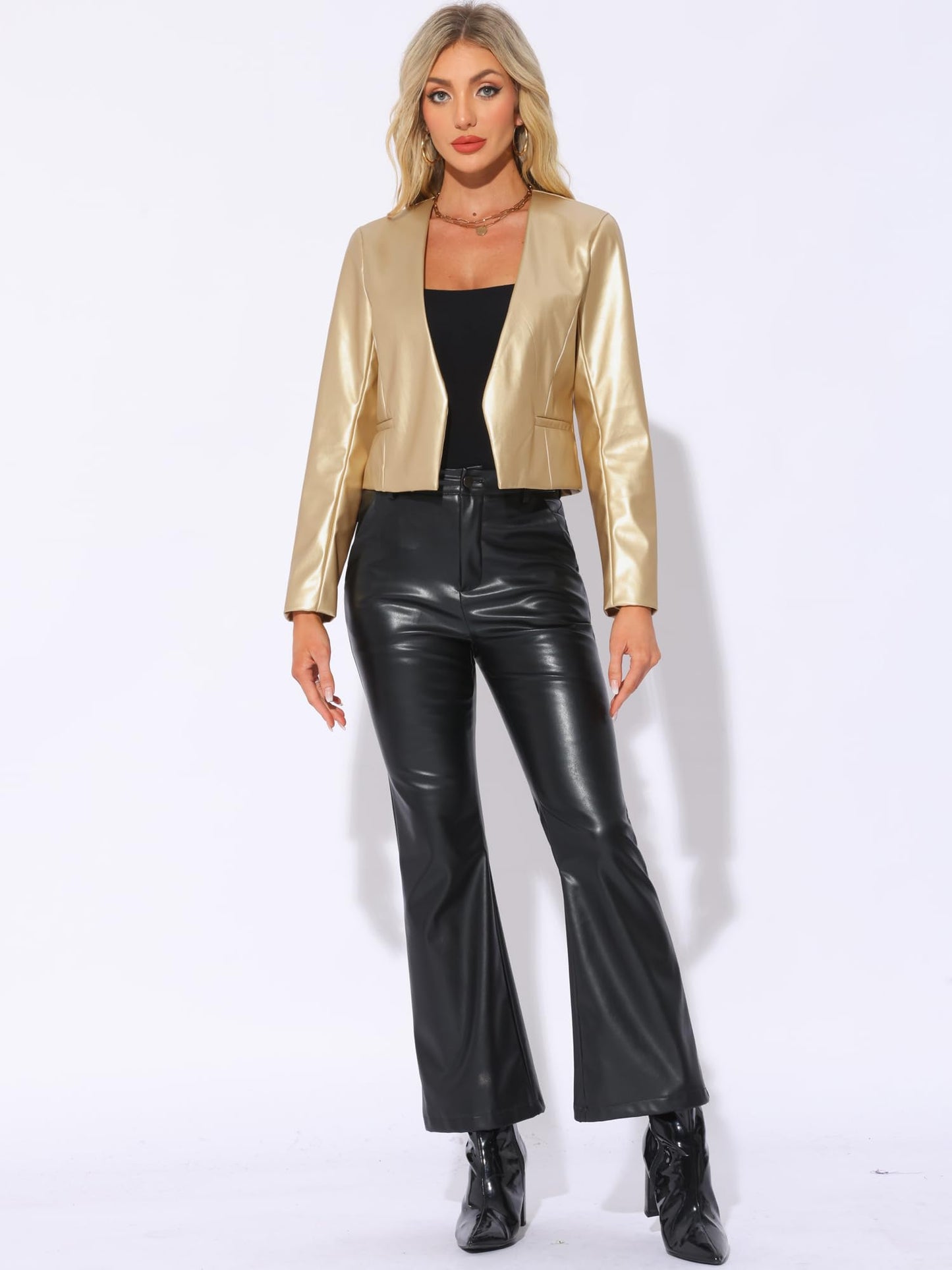 Allegra K Faux Leather Jacket for Women's Collarless Open Front Crop PU Moto Biker Jackets Small Gold