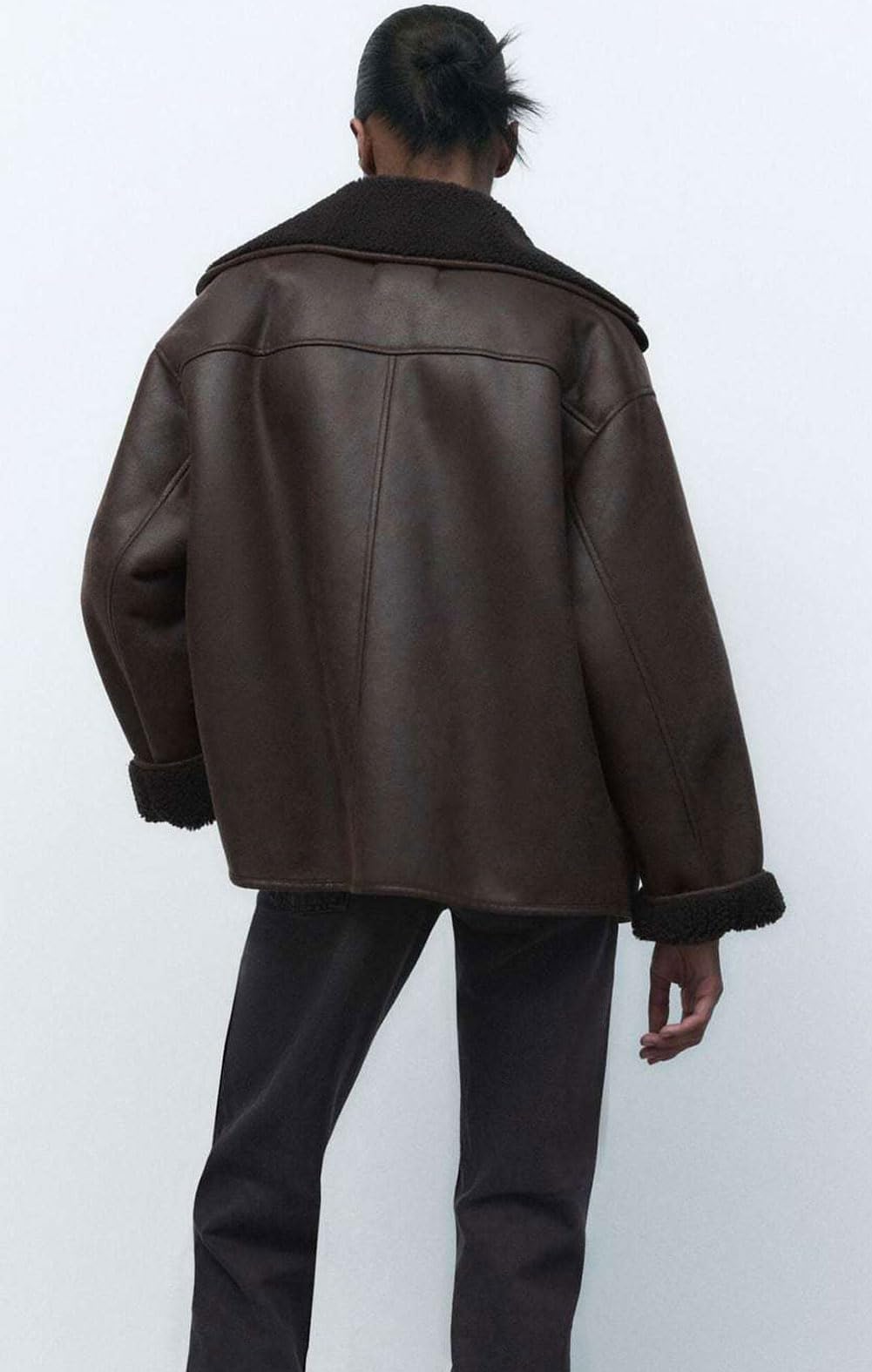 chouyatou Women's Winter Sherpa Lined Faux Leather Jacket Casual Motorcycle Oversized Leather Jacket (Medium, Brown)