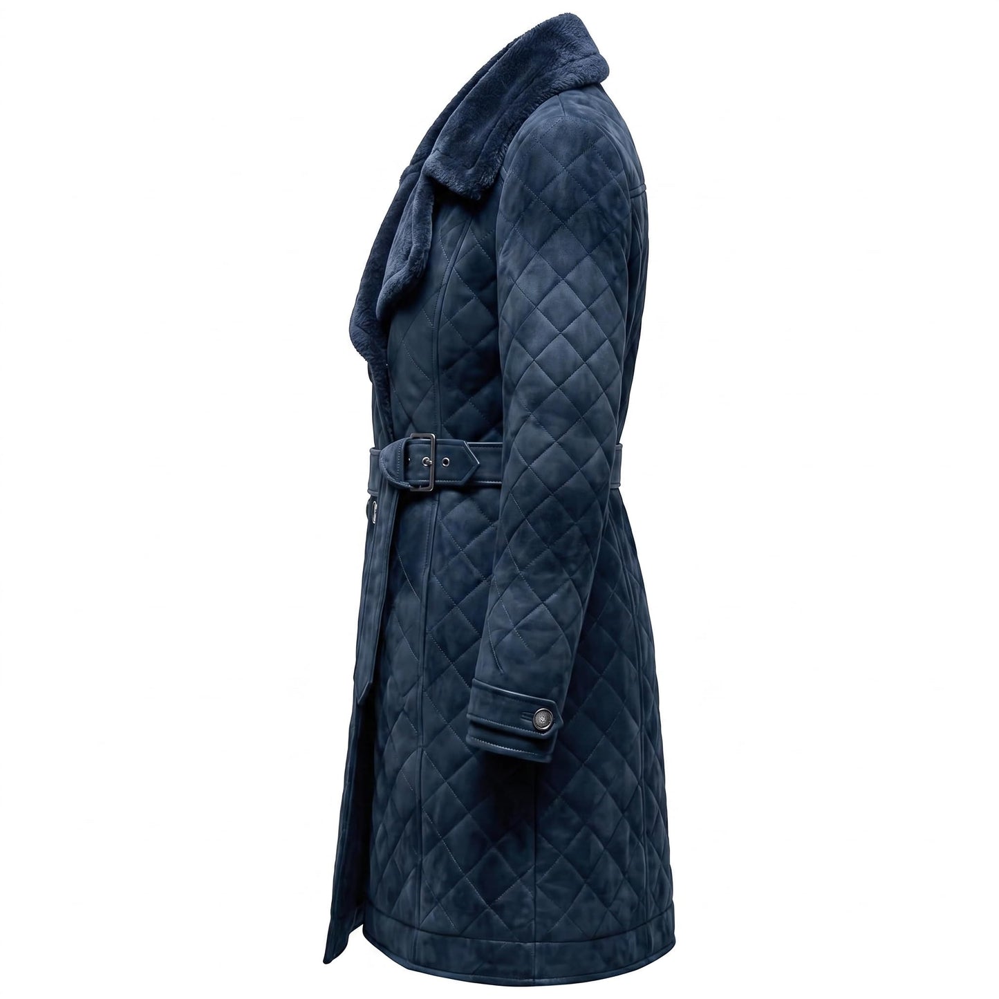 Women’s Navy Blue Suede Trench Coat Double Breasted Knee Length Autumn Quilted Leather Outerwear With Belt & Diamond Stitch (US, Alpha, X-Large, Regular, Regular, Navy Blue)