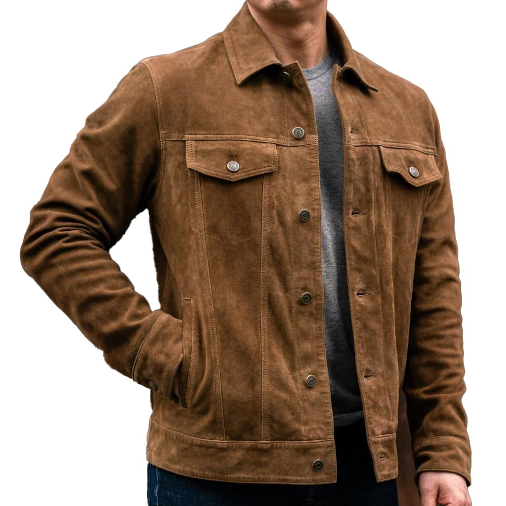Isaac & David Chicago Vintage Trucker Suede Leather Jacket Men - Denim Biker Cafe Racer Causal Jacket Western Cowboy (US, Alpha, 3X-Large, Regular, Regular, Dusty)