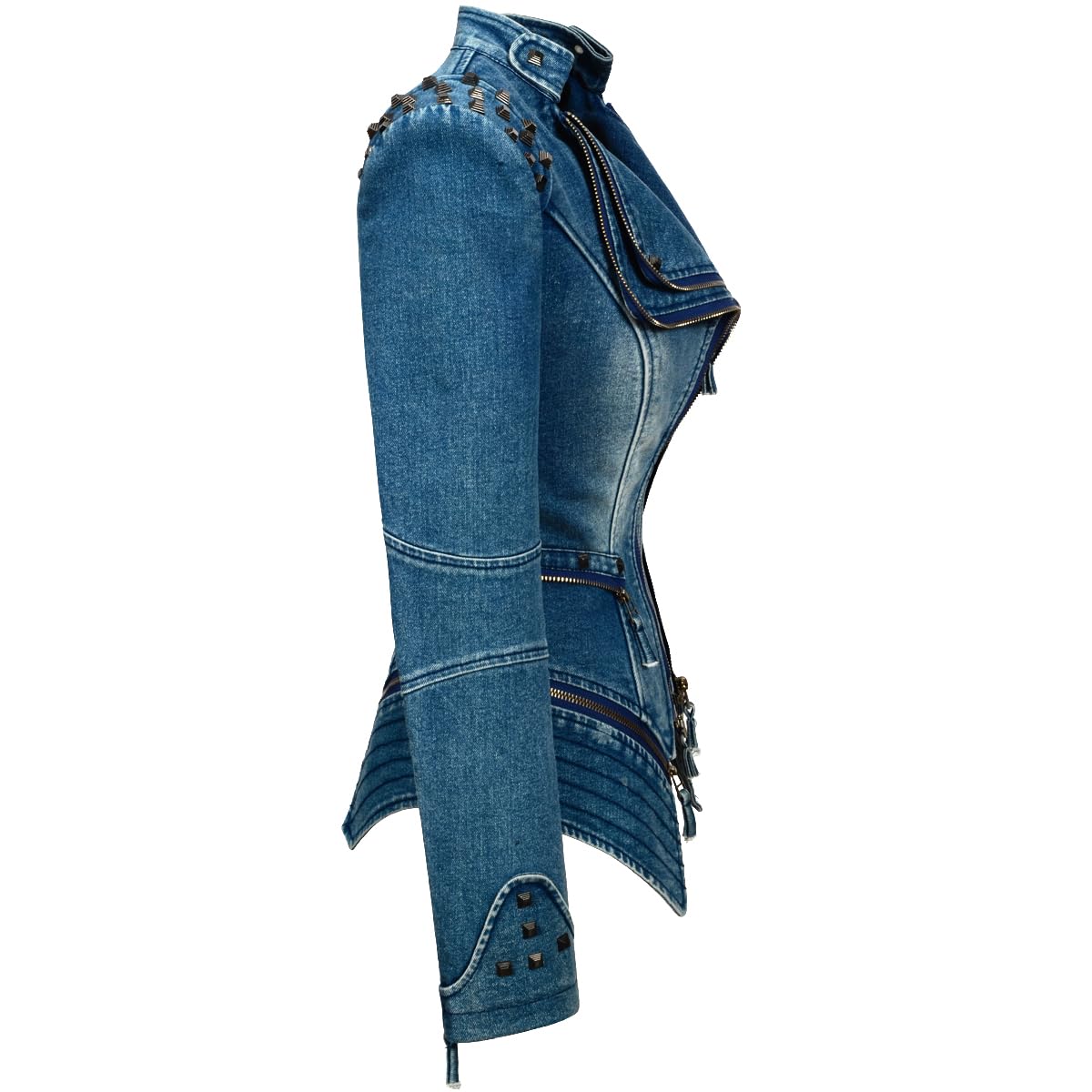 Fashion SX Womens Rivet Faux Leather Jacket Zipper Moto Biker Denim coat Motorcycle Outwear (S, Blue)