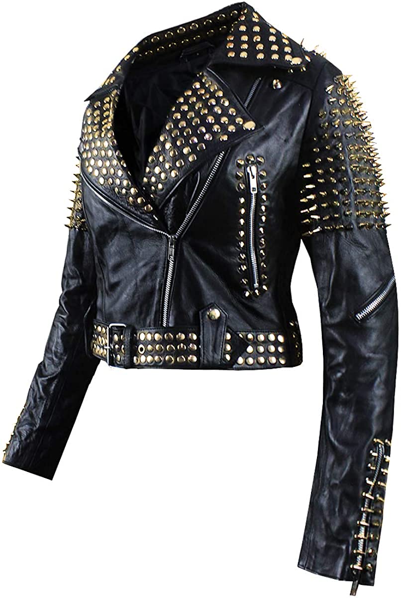 SpazeUp Women’s Black Studded Leather Jacket Gold Spike Punk Biker Jacket