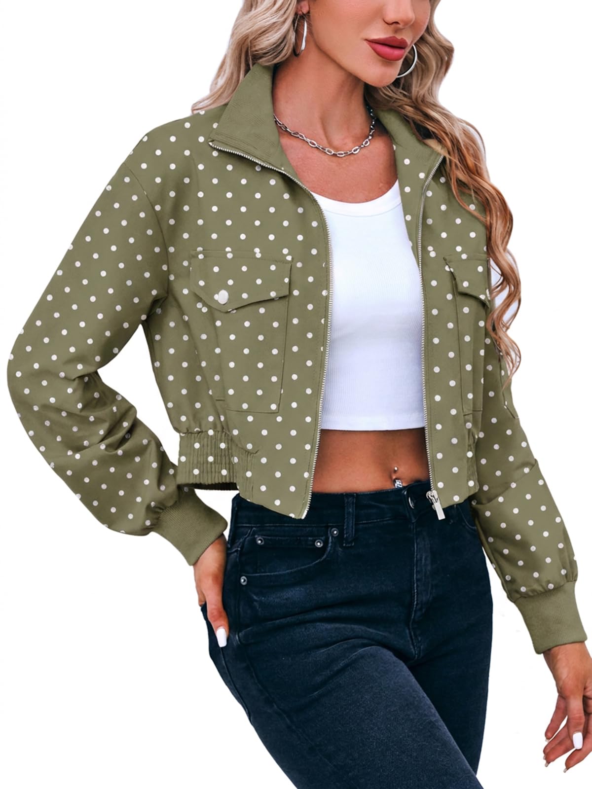 Fisoew Women's Cropped Bomber Jackets Lightweight Zip Up Short Coats