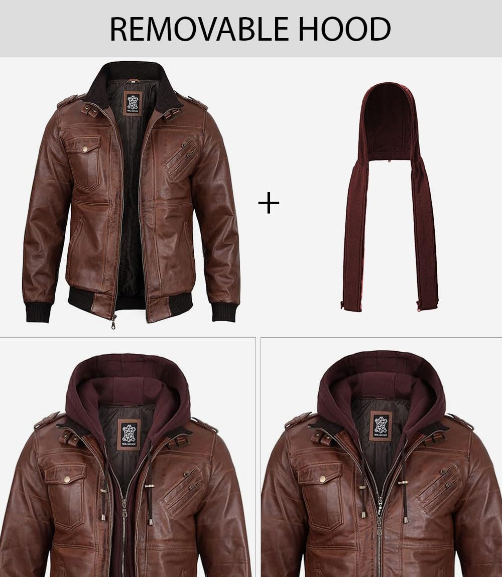 fjackets Real Leather Bomber Jacket Men - Motorcycle Stand Collar with a Removable Hood | [1100154] Edinburgh Brown, L