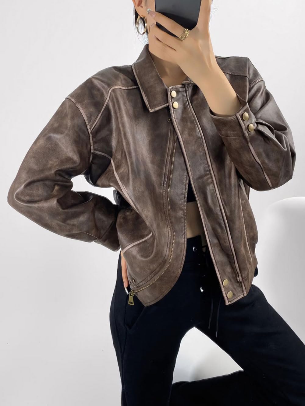 chouyatou Women's Fall Distressed Faux Leather Bomber Jacket Motorcycle Oversized Leather Jacket (Small, Brown)