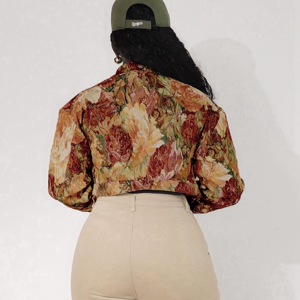 RISCUYY Cropped Jacket Women Bomber Short Jacket Y2K Jacquard Crop Floral Jackets for Women Trendy