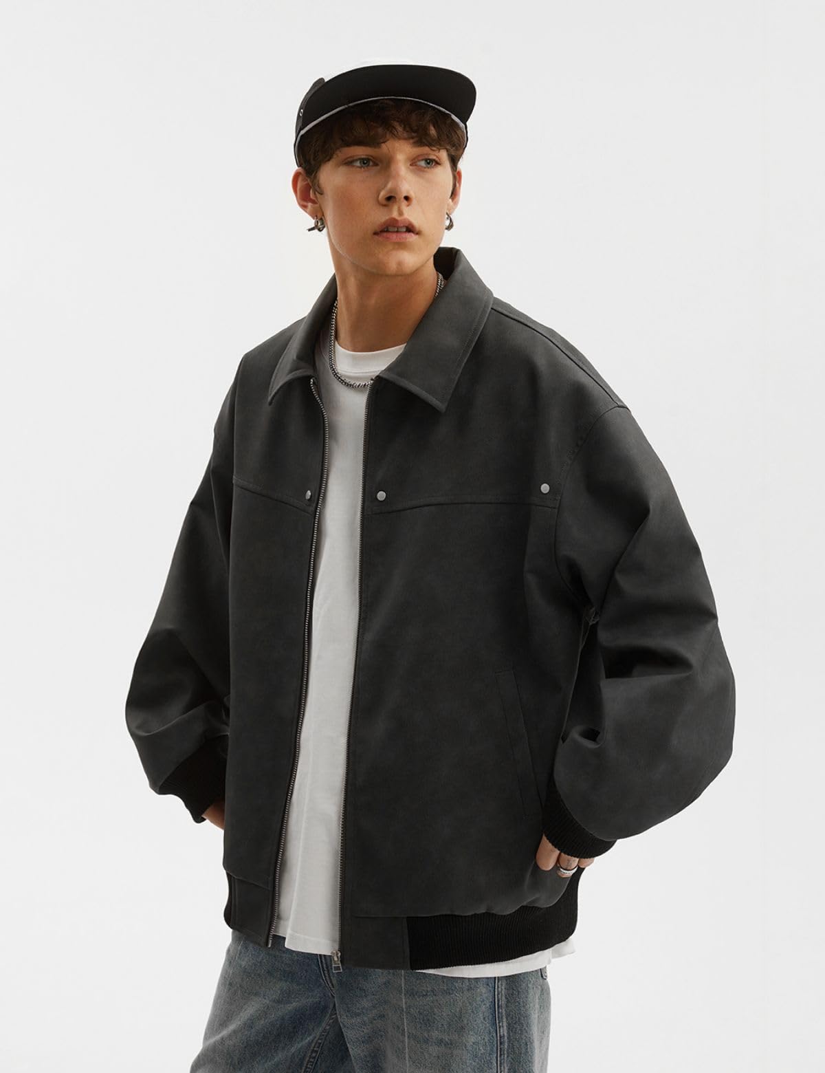 Fullneat Men’s Faux Leather Bomber Jacket Boxy Vintage Motorcycle Moto Coat Black Jacket Unisex Streetwear Zip Up Biker Outerwear Fashion Trendy Outfits for Men Women Casual Daily Wear Black M