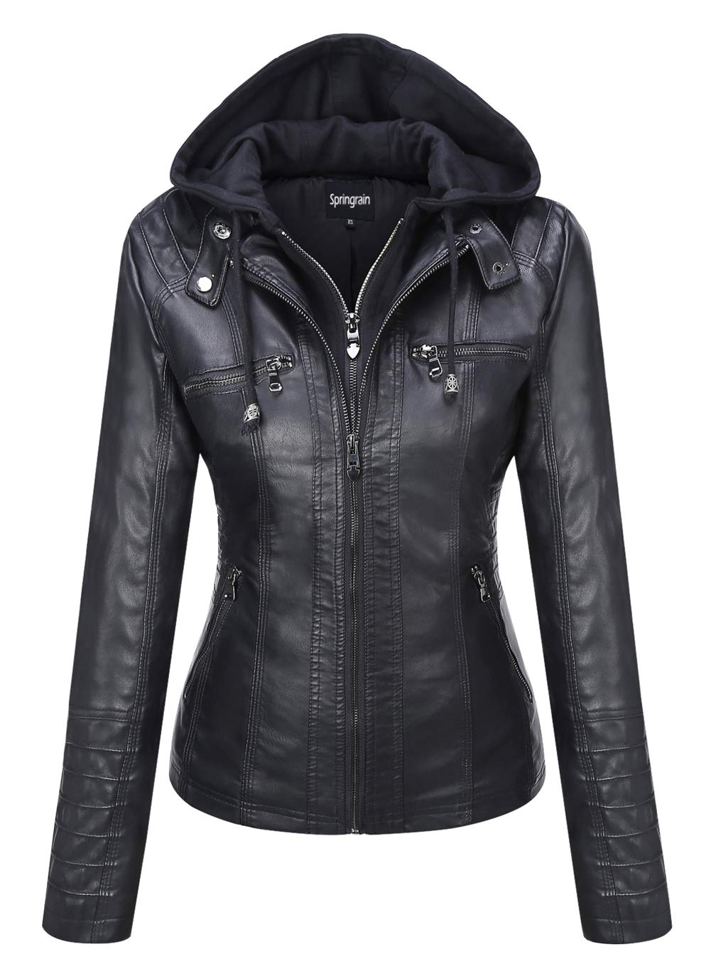 Springrain Women's Faux Leather Jacket Moto Biker Coat with Detachable Hood Motorcycle Jacket (Large, Black)